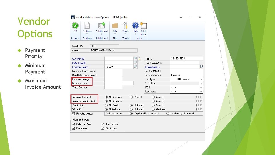 Vendor Options Payment Priority Minimum Payment Maximum Invoice Amount 
