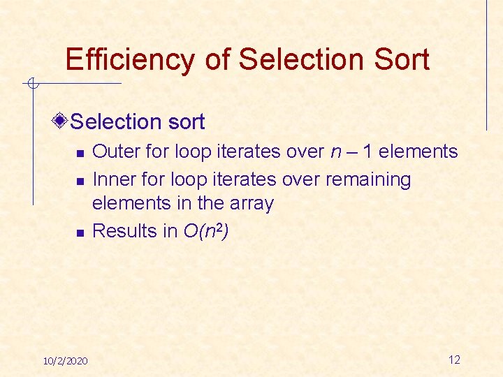 Efficiency of Selection Sort Selection sort n Outer for loop iterates over n –