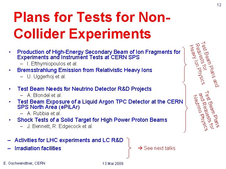 12 Plans for Tests for Non. Collider Experiments Production of High-Energy Secondary Beam of