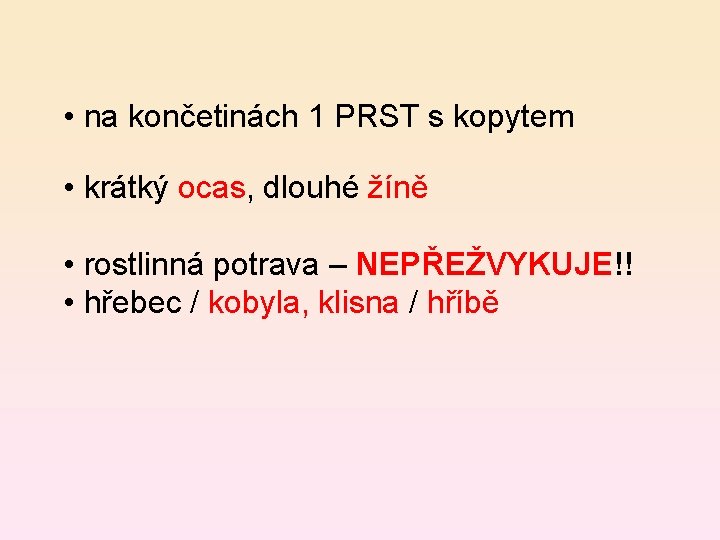  • na končetinách 1 PRST s kopytem • krátký ocas, dlouhé žíně •