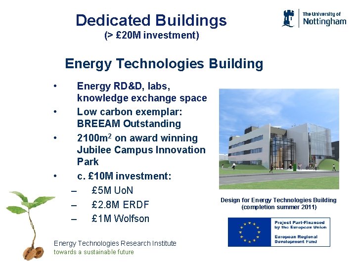 Dedicated Buildings (> £ 20 M investment) Energy Technologies Building • • Energy RD&D,