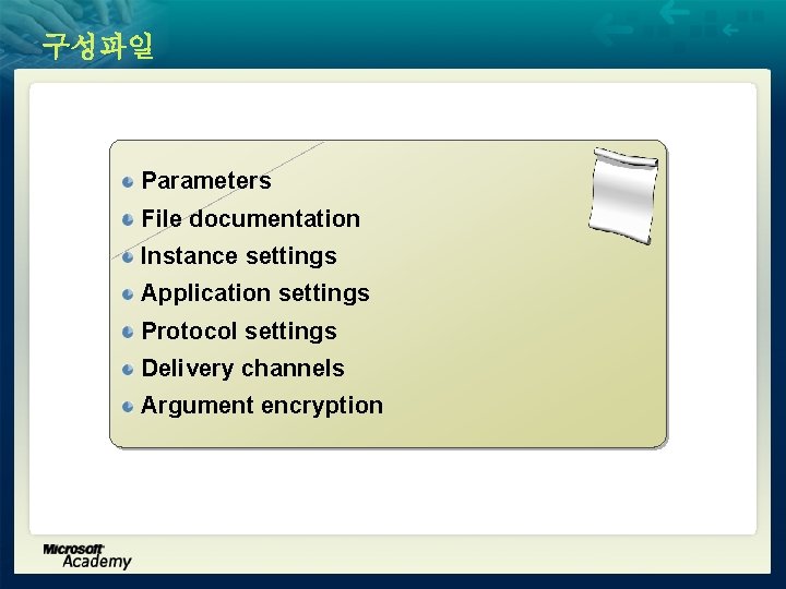 구성파일 Parameters File documentation Instance settings Application settings Protocol settings Delivery channels Argument encryption