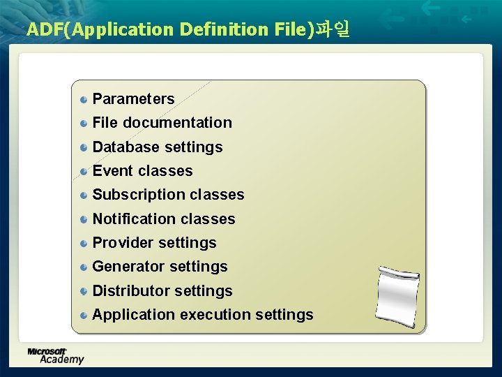 ADF(Application Definition File)파일 Parameters File documentation Database settings Event classes Subscription classes Notification classes