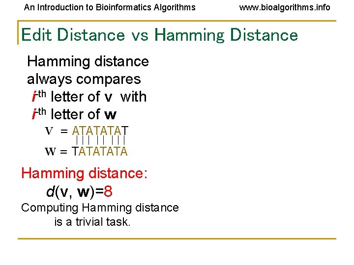 An Introduction to Bioinformatics Algorithms www. bioalgorithms. info Edit Distance vs Hamming Distance Hamming An Introduction to Bioinformatics Algorithms www. bioalgorithms. info Edit Distance vs Hamming Distance Hamming