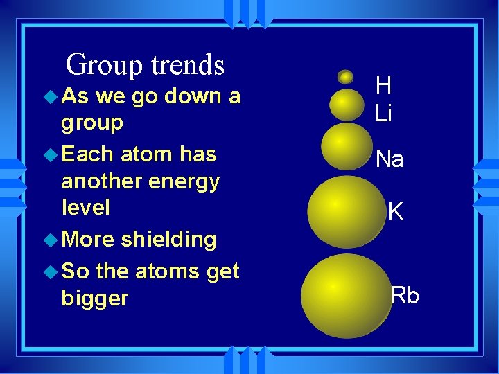 Group trends u As we go down a group u Each atom has another