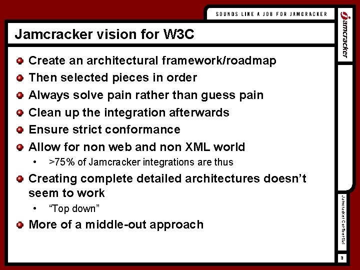 Jamcracker vision for W 3 C Create an architectural framework/roadmap Then selected pieces in