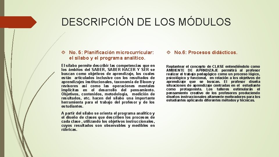 DESCRIPCIÓN DE LOS MÓDULOS No. 5: Planificación microcurricular: el sílabo y el programa analítico.