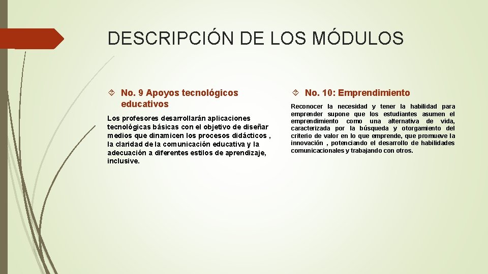 DESCRIPCIÓN DE LOS MÓDULOS No. 9 Apoyos tecnológicos educativos Los profesores desarrollarán aplicaciones tecnológicas