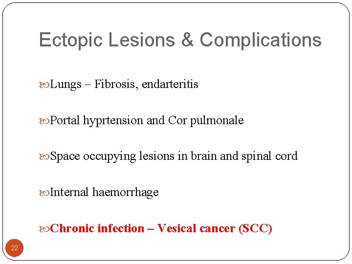 Ectopic Lesions & Complications Lungs – Fibrosis, endarteritis Portal hyprtension and Cor pulmonale Space