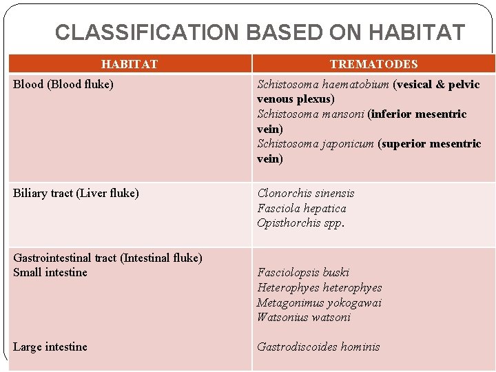 CLASSIFICATION BASED ON HABITAT TREMATODES Blood (Blood fluke) Schistosoma haematobium (vesical & pelvic venous