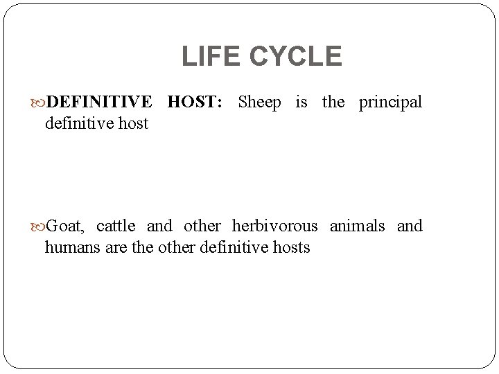 LIFE CYCLE DEFINITIVE HOST: Sheep is the principal definitive host Goat, cattle and other