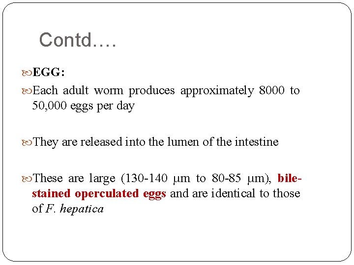 Contd…. EGG: Each adult worm produces approximately 8000 to 50, 000 eggs per day