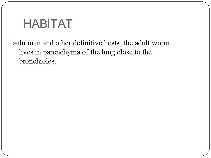 HABITAT In man and other definitive hosts, the adult worm lives in parenchyma of