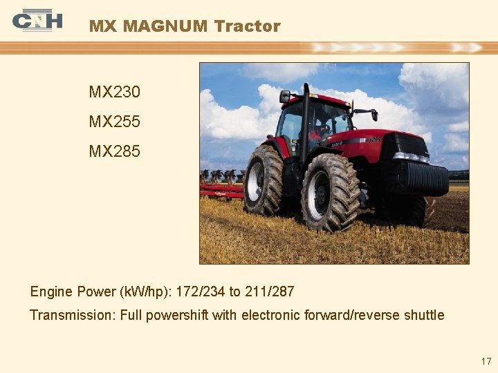 MX MAGNUM Tractor MX 230 MX 255 MX 285 Engine Power (k. W/hp): 172/234
