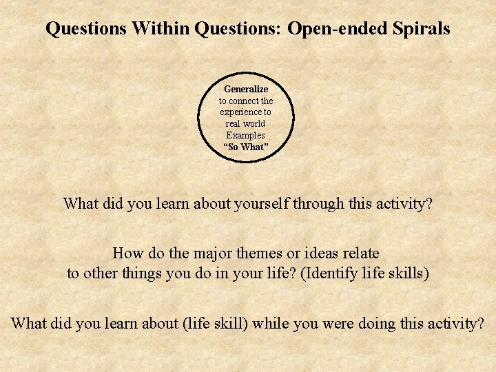 Questions Within Questions: Open-ended Spirals Generalize to connect the experience to real world Examples