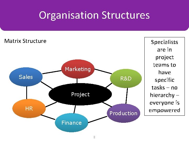Organisation Structures Charts Matrix Structure Marketing Sales R&D Project HR Production Finance 8 Specialists