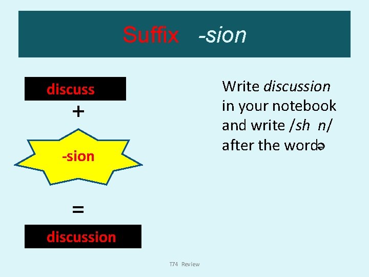Suffix -sion Write discussion in your notebook and write /sh n/ after the word.