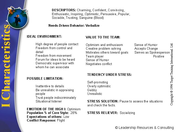  Needs-Driven Behavior: Verbalize IDEAL ENVIRONMENT: High degree of people contact Freedom from control