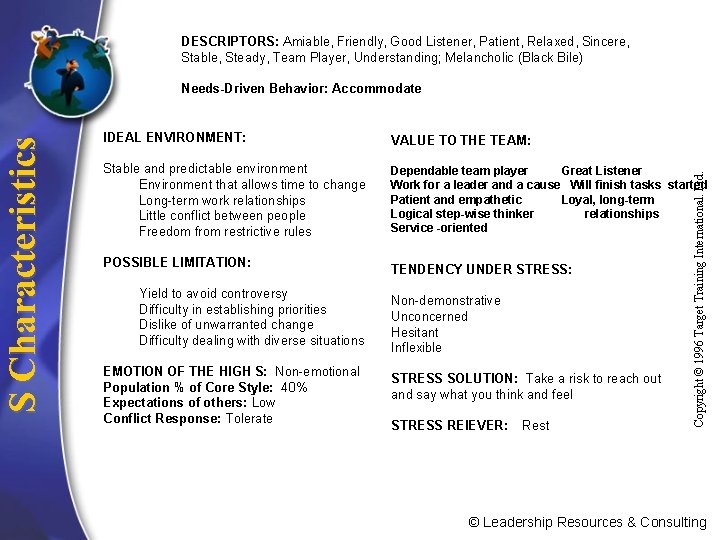 DESCRIPTORS: Amiable, Friendly, Good Listener, Patient, Relaxed, Sincere, Stable, Steady, Team Player, Understanding; Melancholic