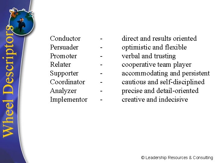 Wheel Descriptors Conductor Persuader Promoter Relater Supporter Coordinator Analyzer Implementor - direct and results
