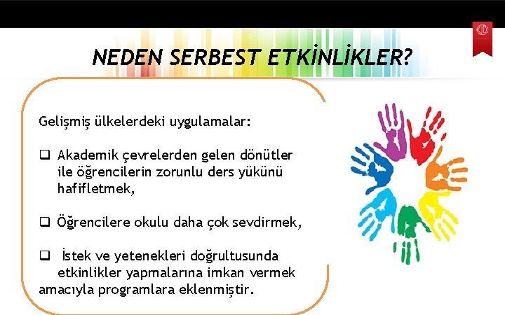 NEDEN SERBEST ETKİNLİKLER? Gelişmiş ülkelerdeki uygulamalar: q Akademik çevrelerden gelen dönütler ile öğrencilerin zorunlu