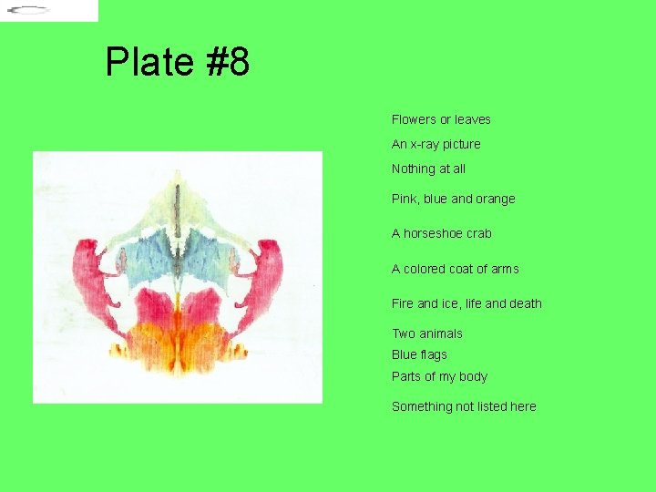 Plate #8 Flowers or leaves An x-ray picture Nothing at all Pink, blue and
