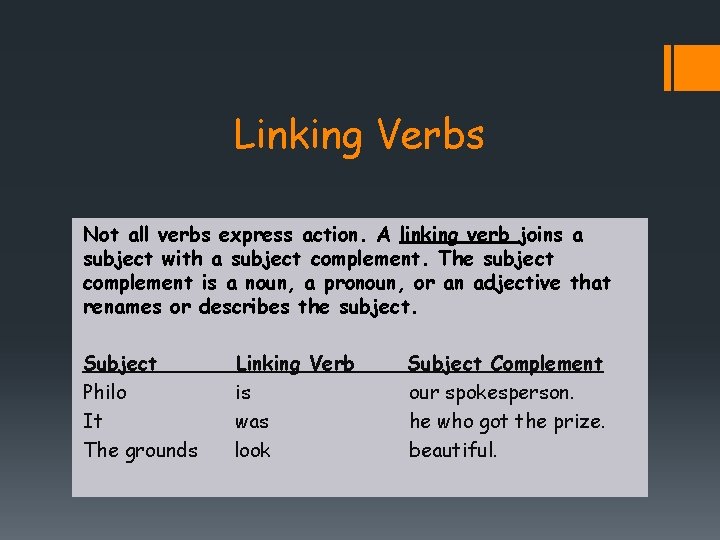 Linking Verbs Not all verbs express action. A linking verb joins a subject with