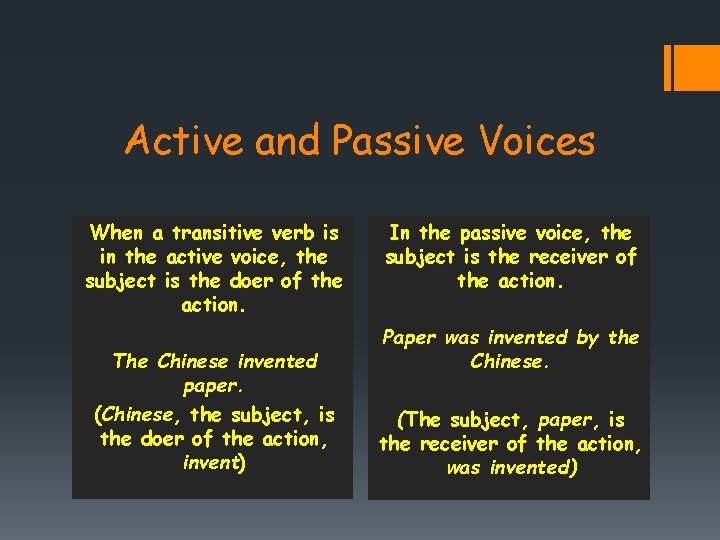 Active and Passive Voices When a transitive verb is in the active voice, the