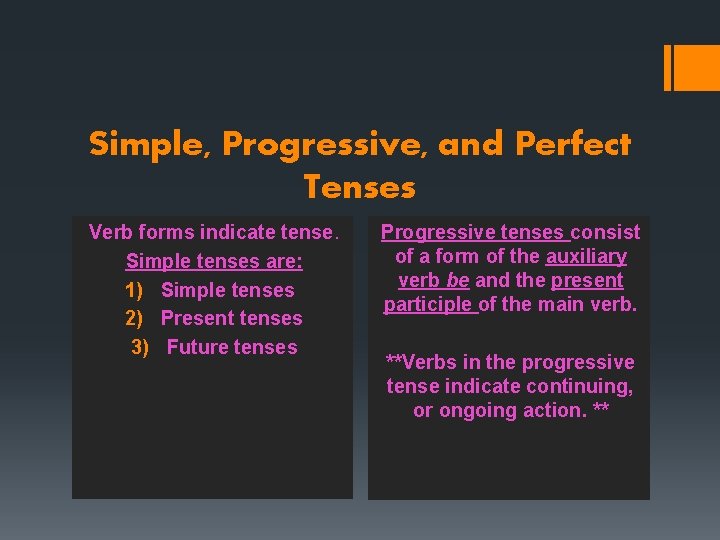 Simple, Progressive, and Perfect Tenses Verb forms indicate tense. Simple tenses are: 1) Simple