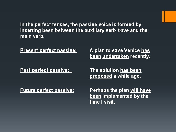 In the perfect tenses, the passive voice is formed by inserting been between the
