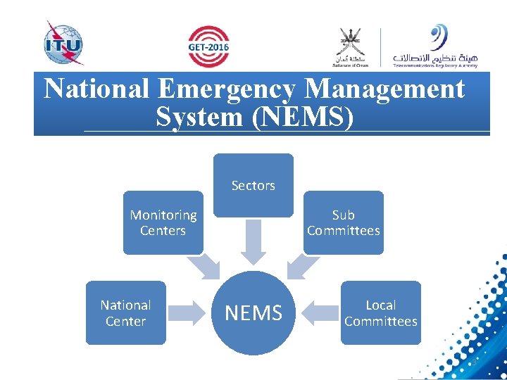 National Emergency Management System (NEMS) Sectors Monitoring Centers National Center Sub Committees NEMS Local