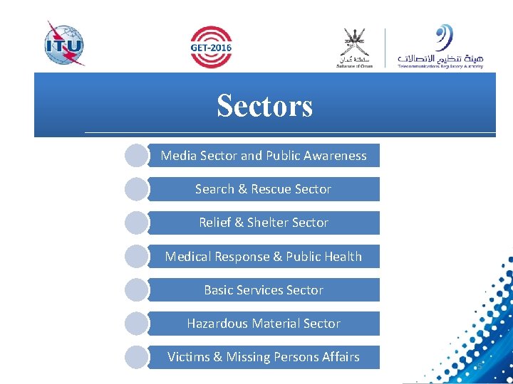 Sectors Media Sector and Public Awareness Search & Rescue Sector Relief & Shelter Sector