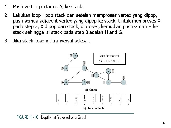 1. Push vertex pertama, A, ke stack. 2. Lakukan loop : pop stack dan