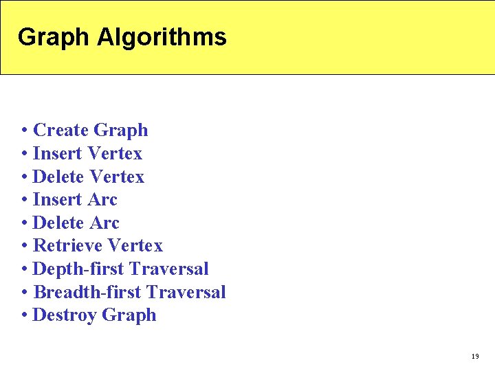 Graph Algorithms • Create Graph • Insert Vertex • Delete Vertex • Insert Arc