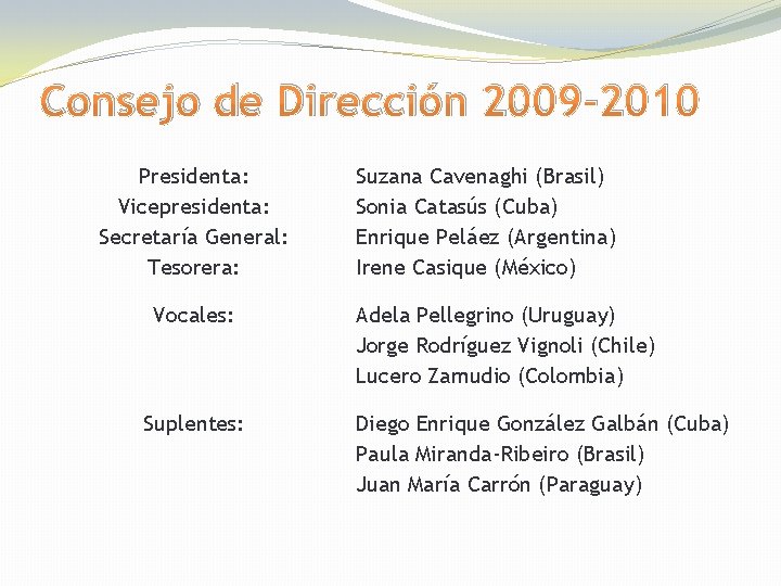 Consejo de Dirección 2009 -2010 Presidenta: Vicepresidenta: Secretaría General: Tesorera: Vocales: Suplentes: Suzana Cavenaghi