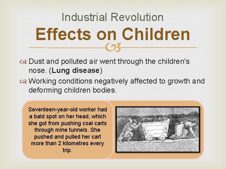 Industrial Revolution Effects on Children Dust and polluted air went through the children’s nose.