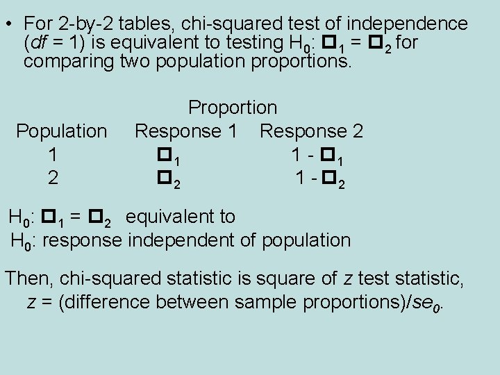  • For 2 -by-2 tables, chi-squared test of independence (df = 1) is