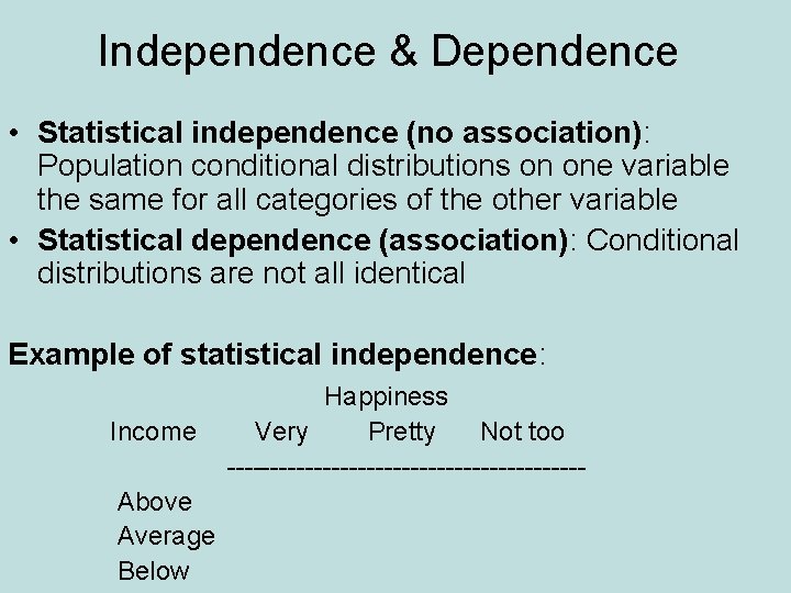 Independence & Dependence • Statistical independence (no association): Population conditional distributions on one variable