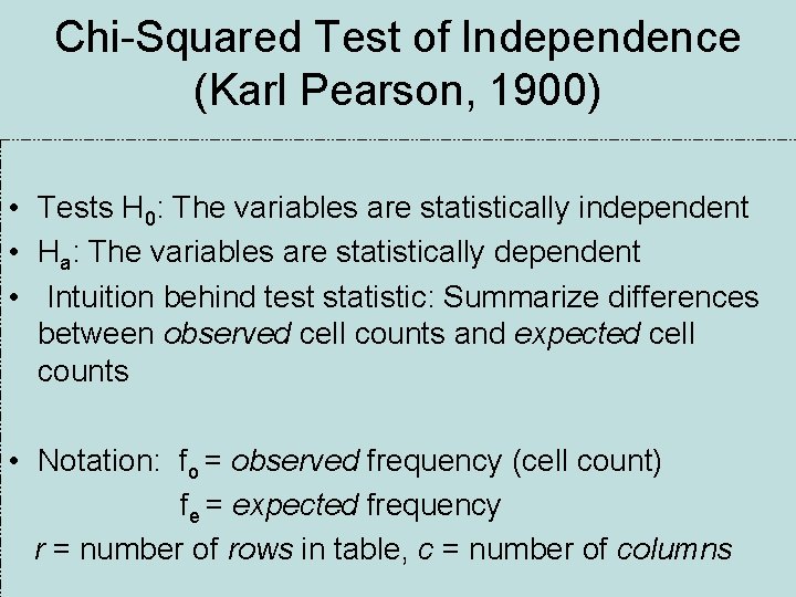 Chi-Squared Test of Independence (Karl Pearson, 1900) • Tests H 0: The variables are