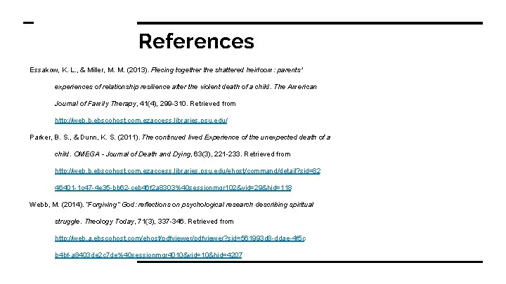 References Essakow, K. L. , & Miller, M. M. (2013). Piecing together the shattered