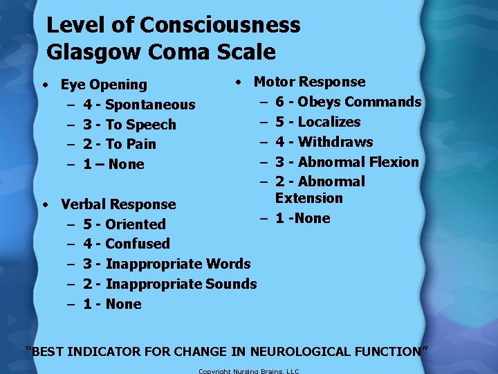 Level of Consciousness Glasgow Coma Scale • Eye Opening – 4 - Spontaneous –