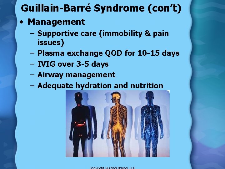 Guillain-Barré Syndrome (con’t) • Management – Supportive care (immobility & pain issues) – Plasma