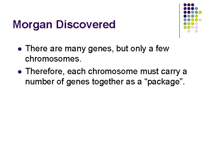 Morgan Discovered l l There are many genes, but only a few chromosomes. Therefore,