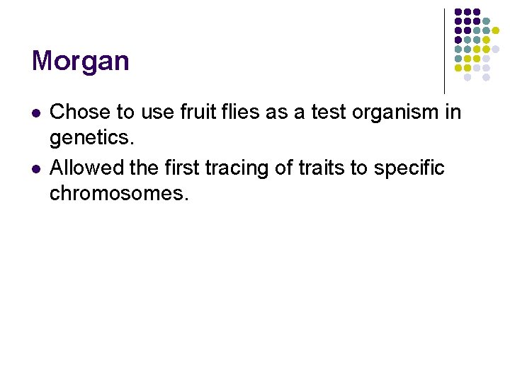 Morgan l l Chose to use fruit flies as a test organism in genetics.