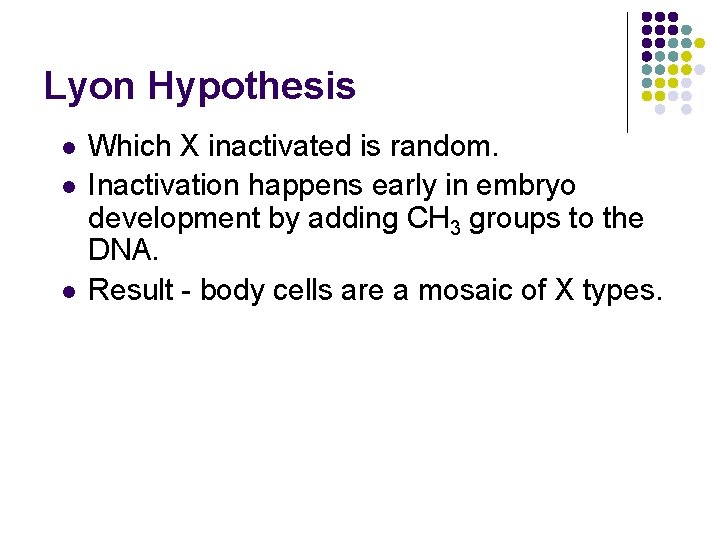 Lyon Hypothesis l l l Which X inactivated is random. Inactivation happens early in