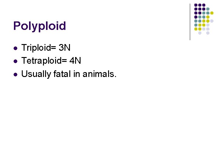 Polyploid l l l Triploid= 3 N Tetraploid= 4 N Usually fatal in animals.