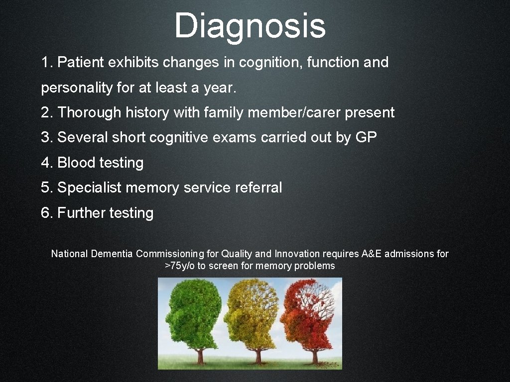 Diagnosis 1. Patient exhibits changes in cognition, function and personality for at least a