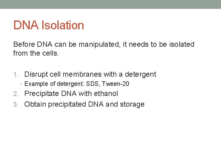 DNA Isolation Before DNA can be manipulated, it needs to be isolated from the