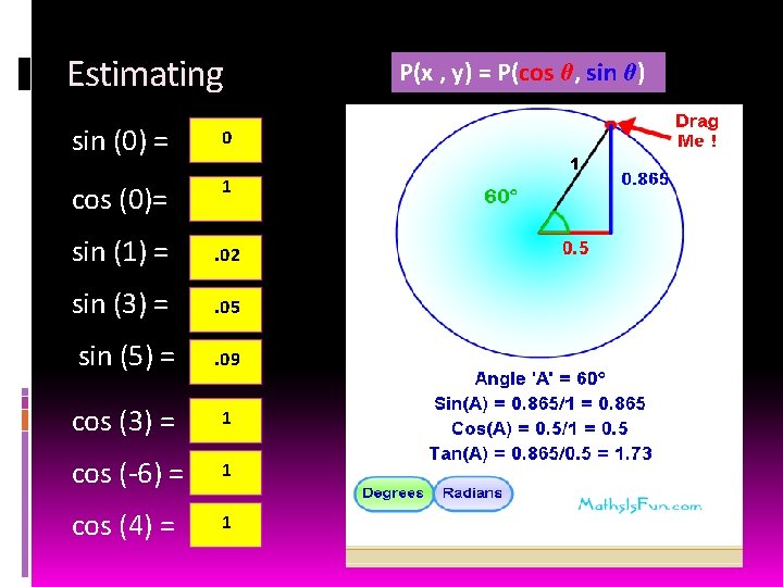 Estimating sin (0) = 0 cos (0)= 1 sin (1) = . 02 sin