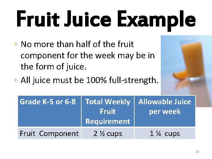 Fruit Juice Example No more than half of the fruit component for the week